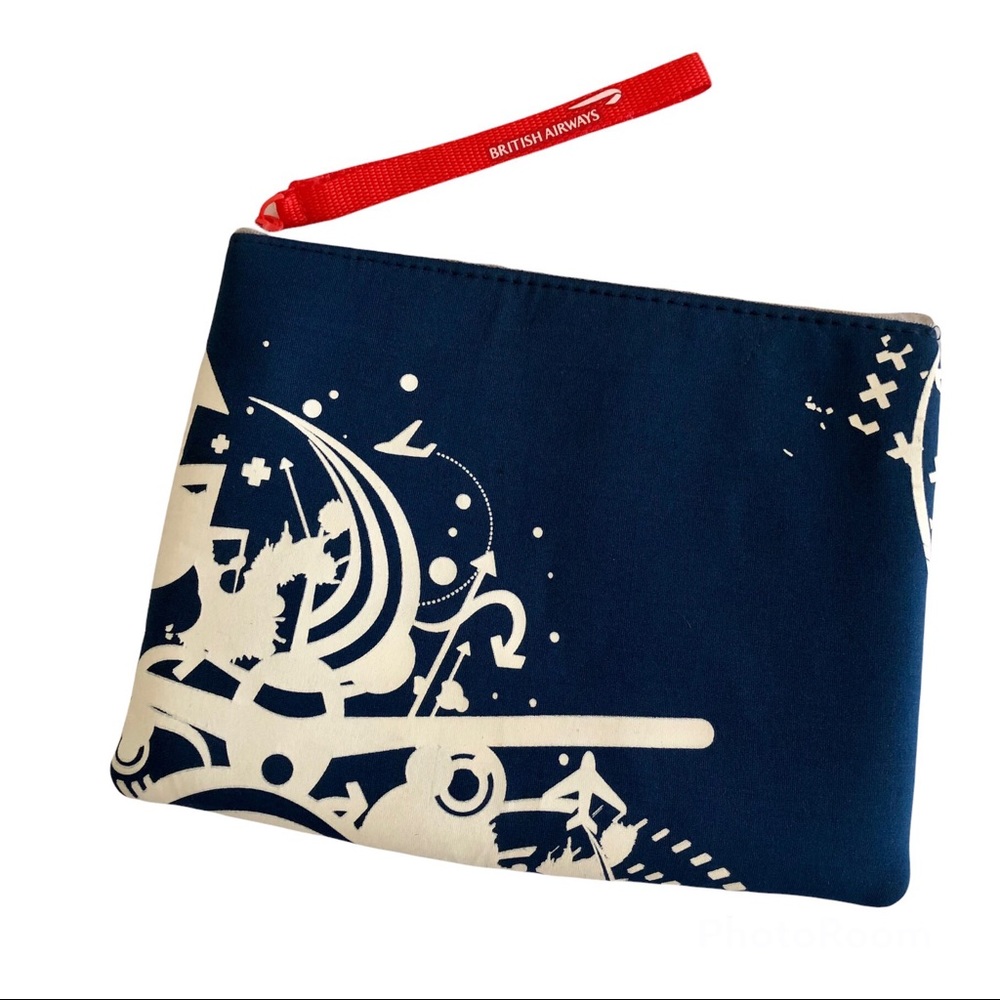 British Airways Small Cosmetic Bag Travel Airline Blue White Scuba Zipper